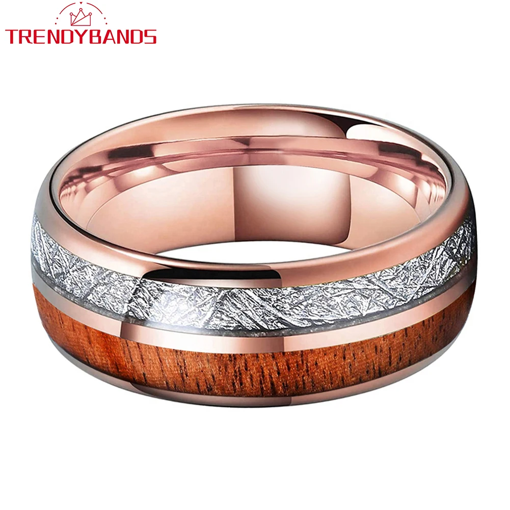 8mm Rose Color Tungsten Carbide Engagement Rings Wedding Band for Women Men Fashion Jewelry Wood Meteorite Inlay Polished Shiny