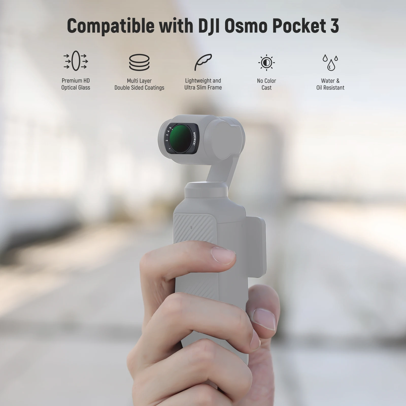 NEEWER Magnetyczny zestaw filtrów ND kompatybilny z DJI Osmo Pocket 3 Creator Combo Akcesoria Filtr o zmiennej gęstości ND2-32 — zdjęcie produktu 3