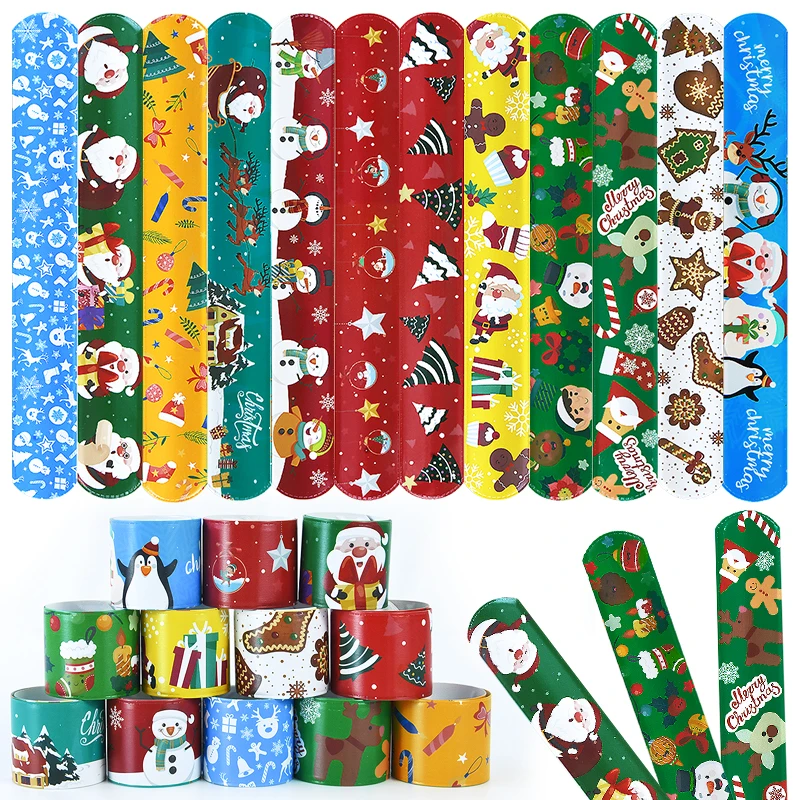 

12PC Christmas Slap Bracelets Santa Claus Snowman Elk Tree Printed Colorful PVC Wristband Navidad New Year Gift Xmas Party Decor