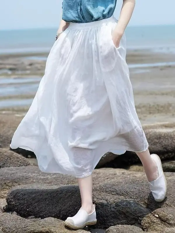 Spring Summer Casual Loose Beach Travel Women's Skirt Fairy Tale Forest Style High Waist A-Line Midi Skirt Non-Stretch