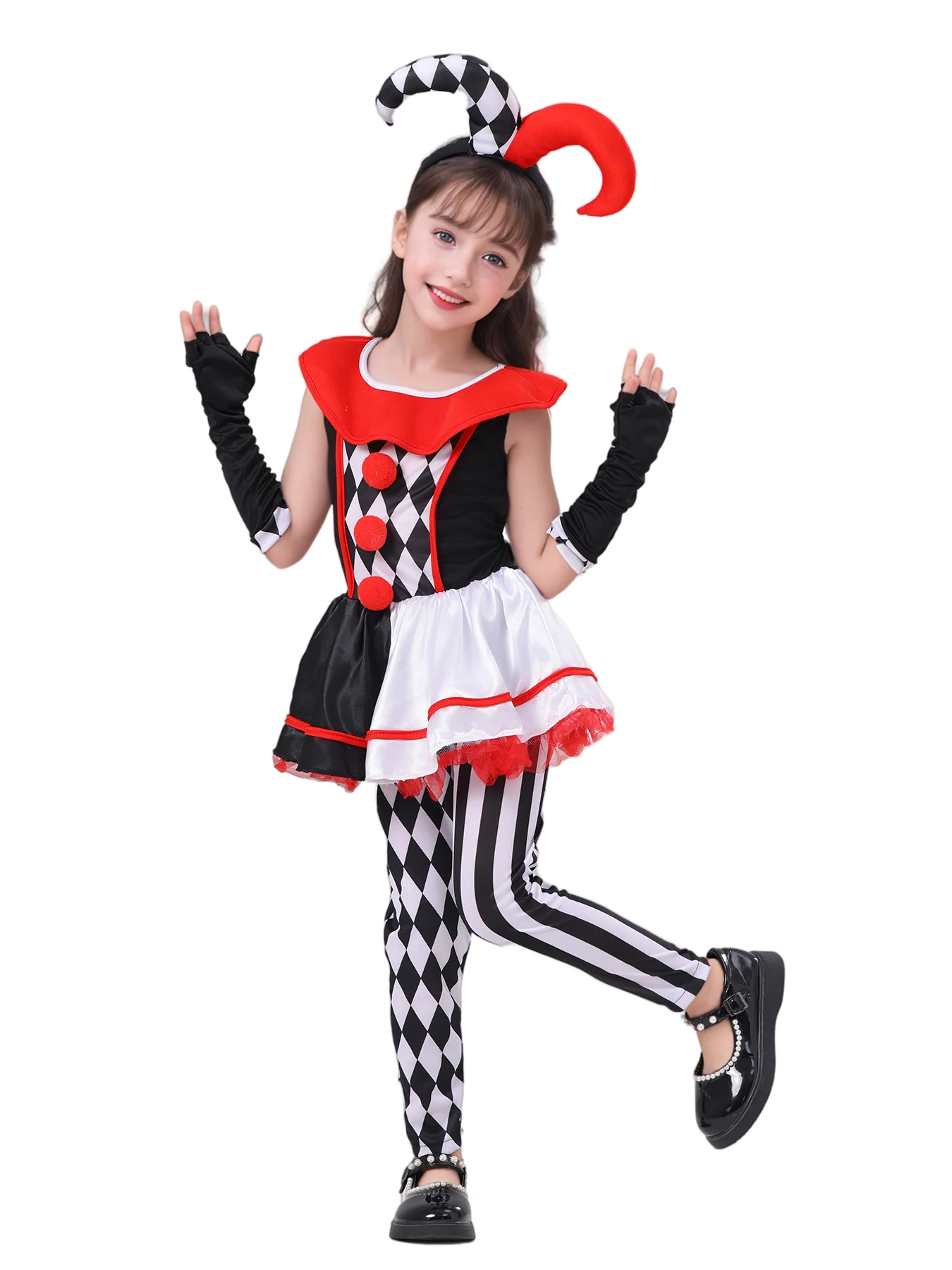 Girls Poker Pattern Jester Clown Cosplay Dress Outfit Kids Halloween Carnival Party Costume