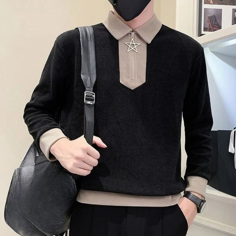 

Корейский стиль, мужская толстовка для отдыха, воротник-поло с застежкой-молнией, эстетичная Y2k, винтажная эмо, простая дешевая толстовка, мужской пуловер