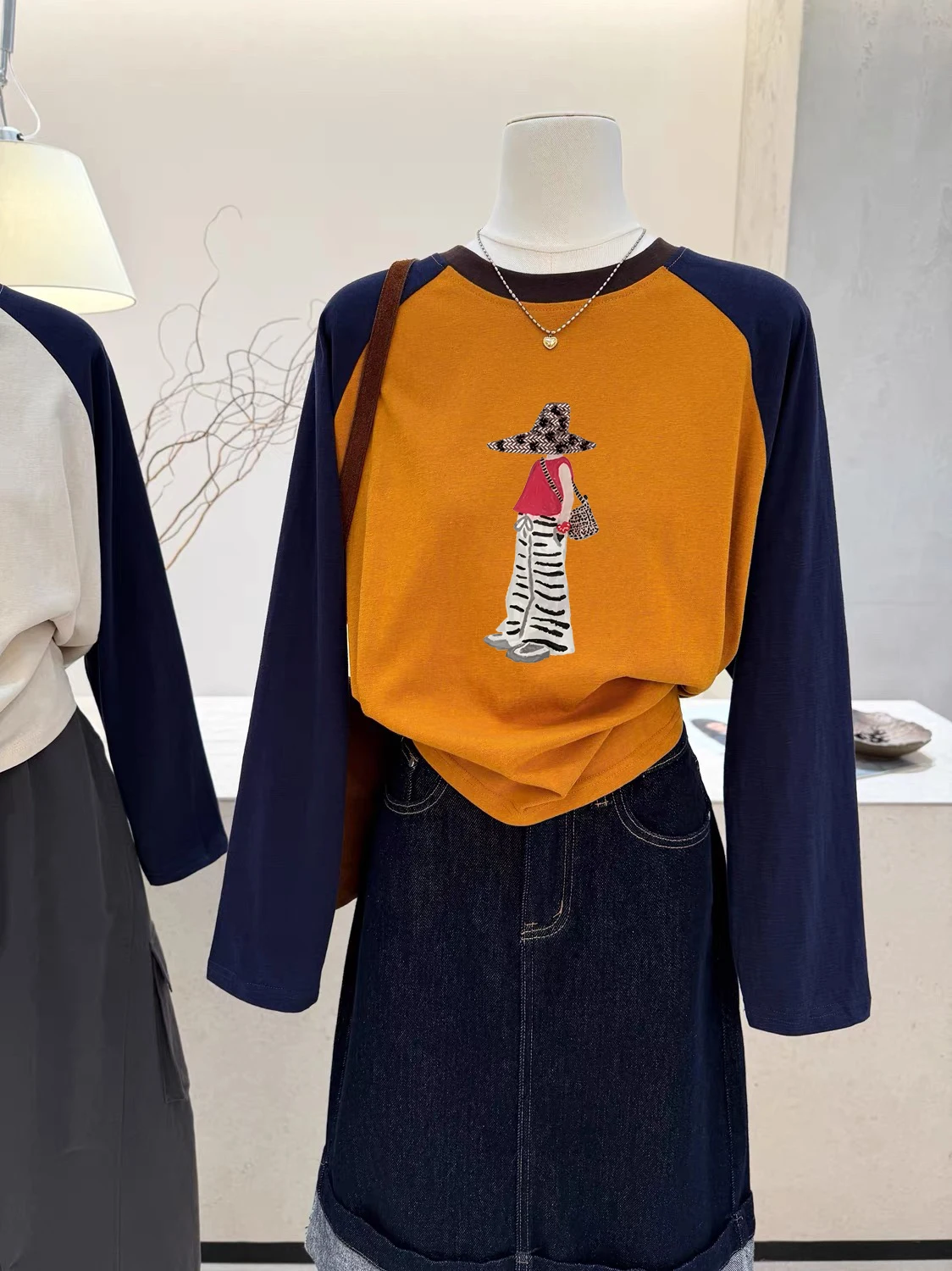 Retro American Color Block Long Sleeve T-Shirt Women's Base Layer Shirt Slimming Versatile Shoulder Insert Design Cotton Top