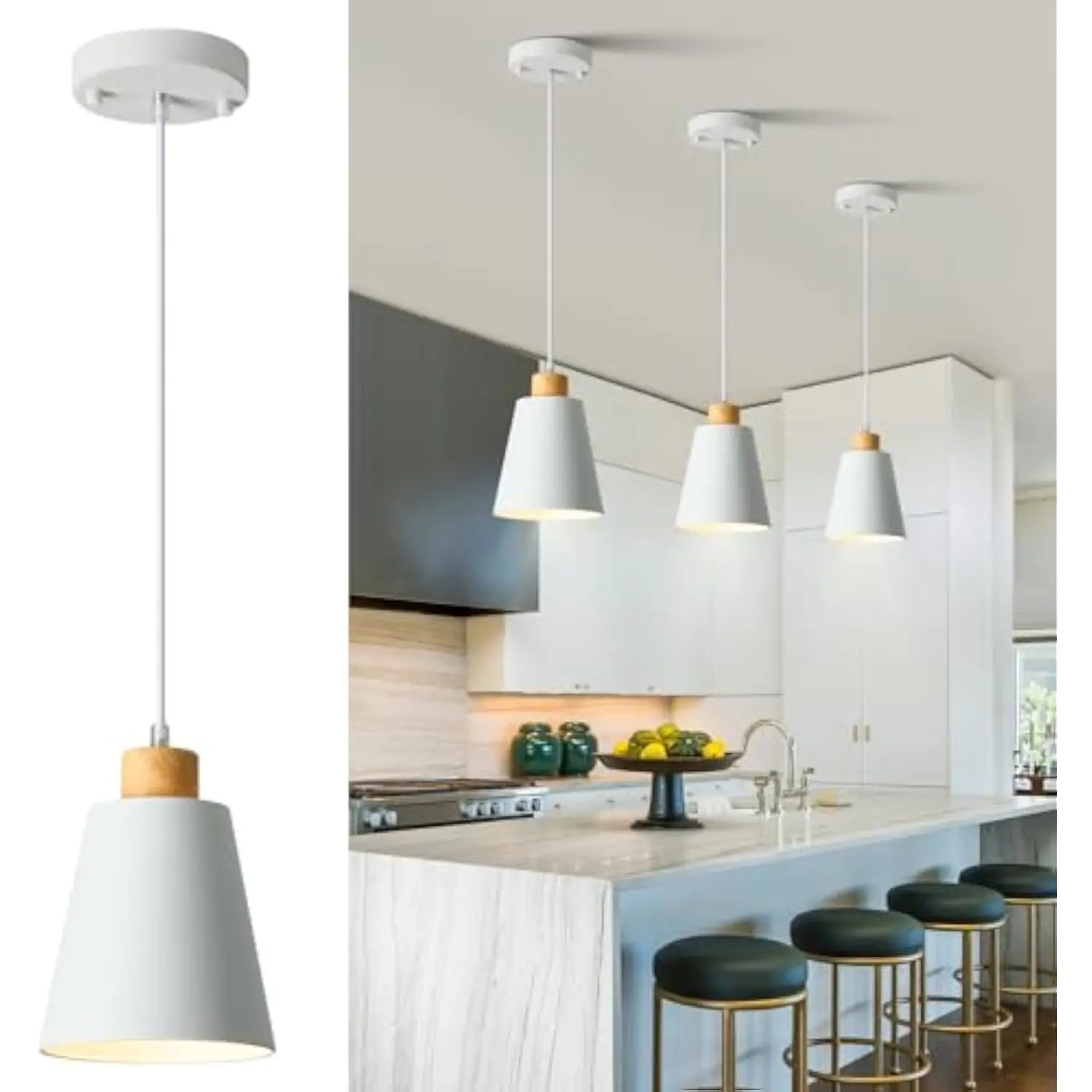 

Mini Pendant Light Fixtures White Wood Pendant Lighting for Kitchen Island 7.87in Cone Modern Ceiling Hanging Lights Hollow Sha