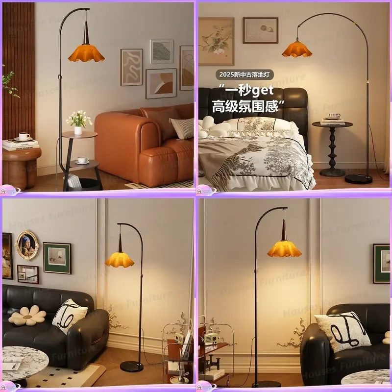 For Red Marble Floor Lamp Living Room Sofa Side Retro Atmosphere Coffee Table Bedroom Shelf Medieval Vertical Standing Light
