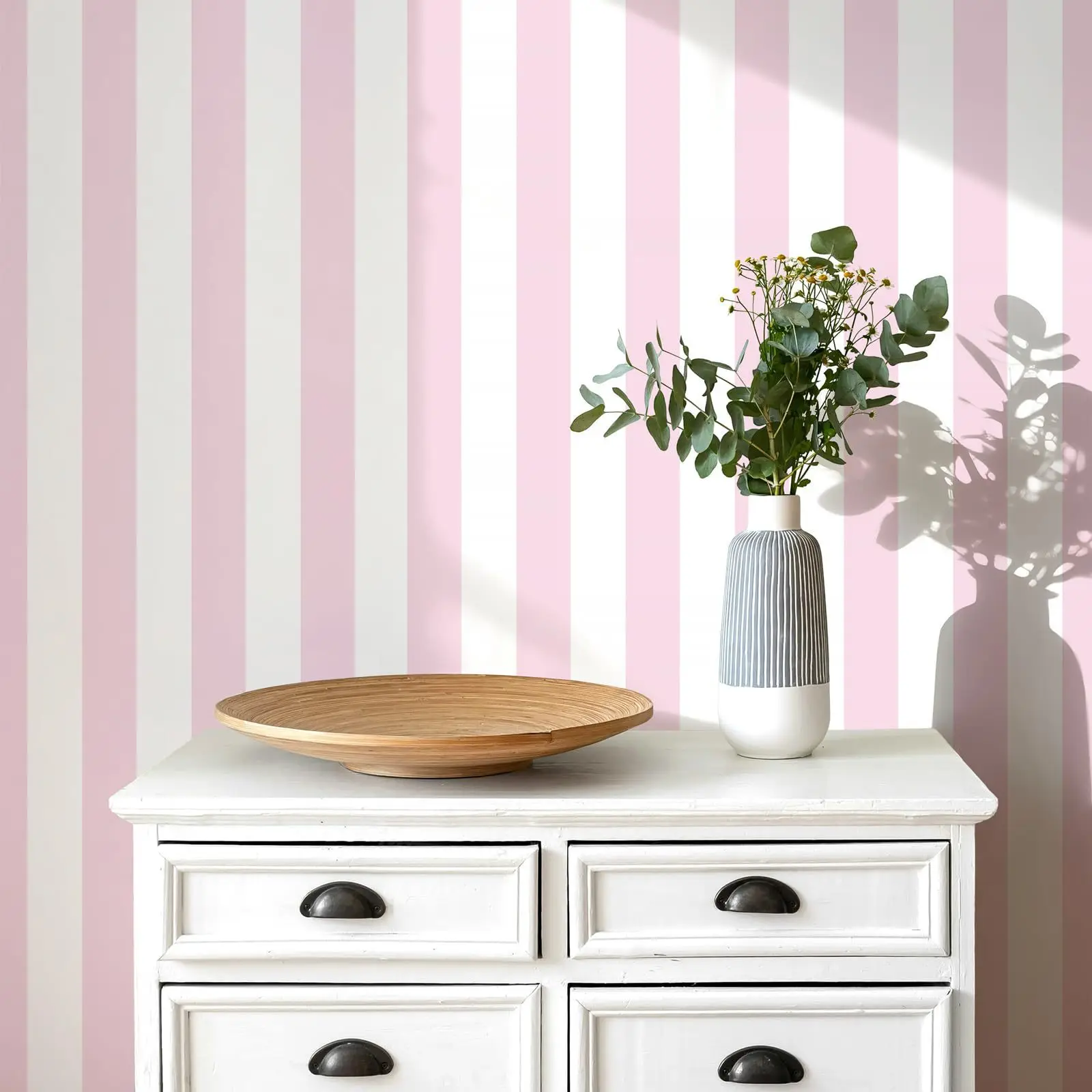 Pink White Vertical Striped Self Adhesive Wallpaper,Vinyl Wall Mural Removable Contact Paper for Kids Bedroom Nursery Wall Decor