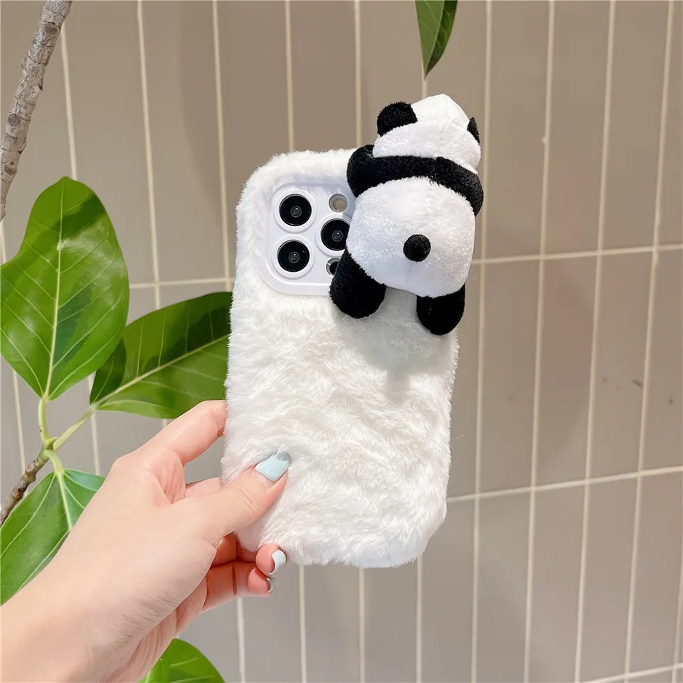3D Cute Back Toy Panda Winter Warm Furry Phone Case For iPhone 11