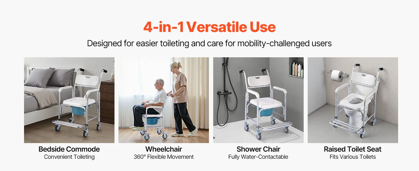 SucceBuy 350 lbs Bedside Commode Chair with Wheels 4-in-1 Portable Raised Toilet Seat with Padded Seat/Backrest/Flip-up Footrest