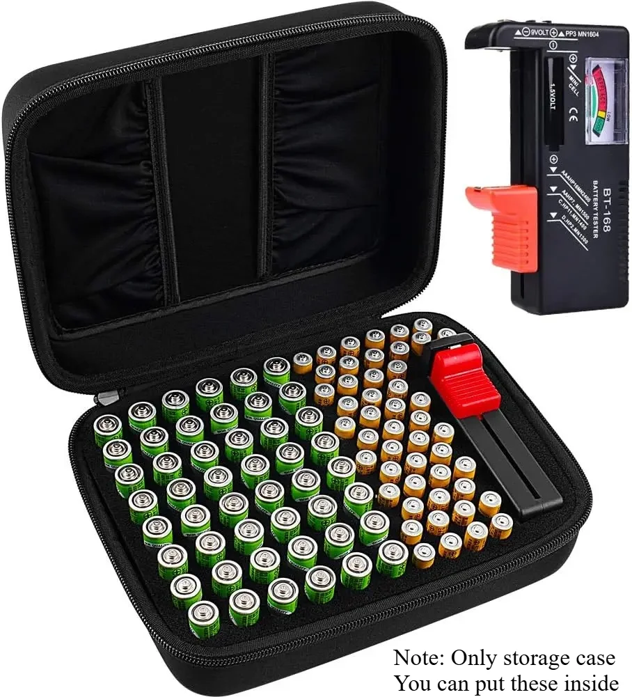(CASE ONLY) Battery Organizer Storage Box with Battery Tester, Holds 48 AA & 48 AAA Batteries (Total 96), Extra 2 Pockets, Porta
