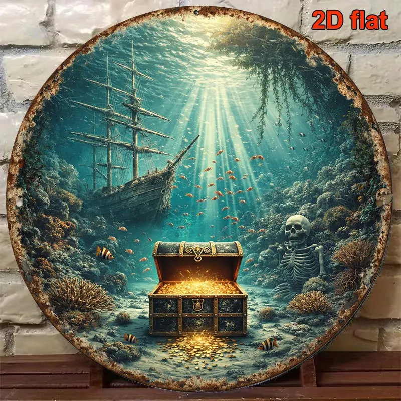 2D Flat - 1pc 8 X 8 Inches/20 X 20 Cm 2D Flat Circular Aluminum Sign, Vintage Aluminum Plaque about Shipwreck Treasure, Underwat