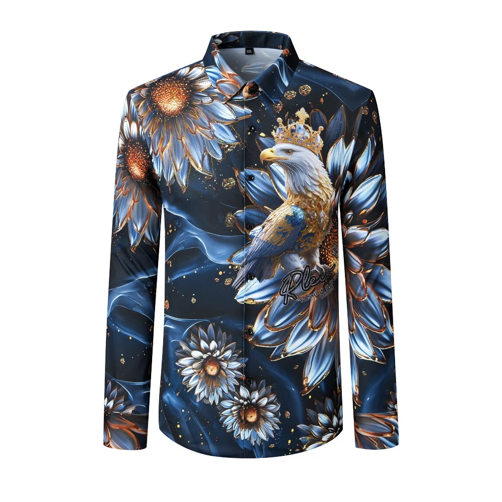 Brand Luxury Eagle Rhinestone Shirt for Men High End Long Sleeved Casual Business Social Shirt Banquet Party Men Clothing M-5XL