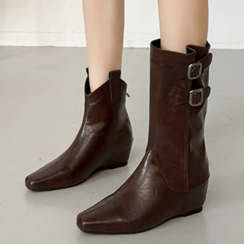 

2025 Women's Winter New Fashion Square Toe Designer PU Waterproof Mid-Calf Boots, Casual Wear, Slip-on High Boots, Plus Size