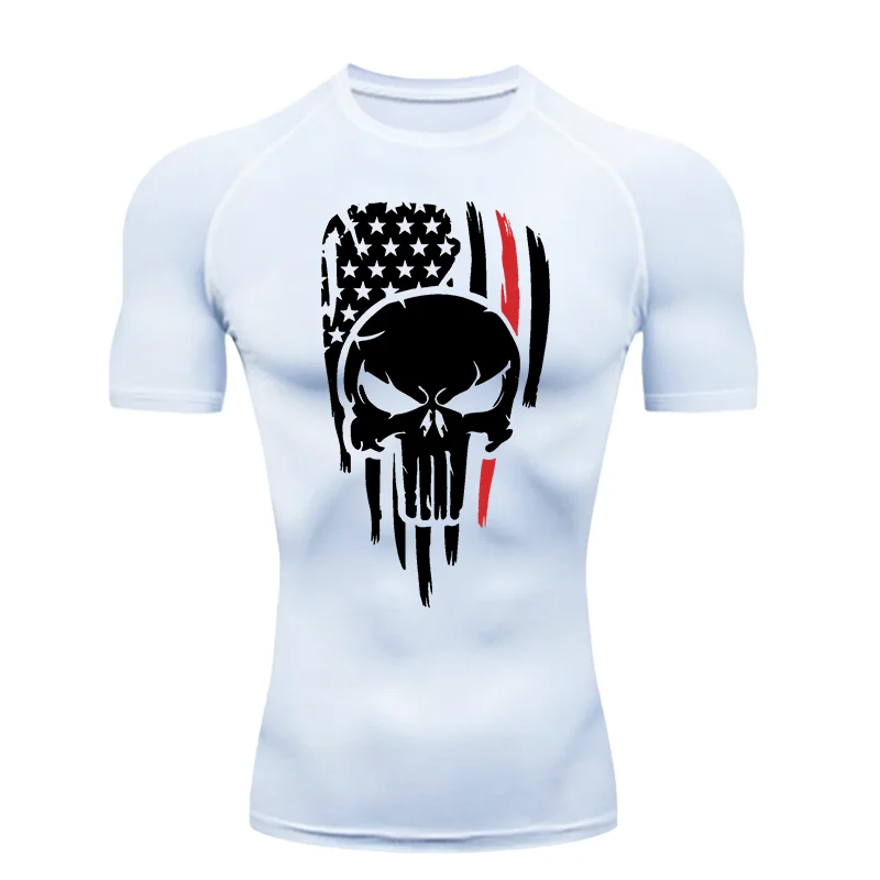 National Flag and Skull Print 2026 Men's Sports T-shirt Training Fitness Compression Powerlifting T-shirt Gym T-shirts Pilates