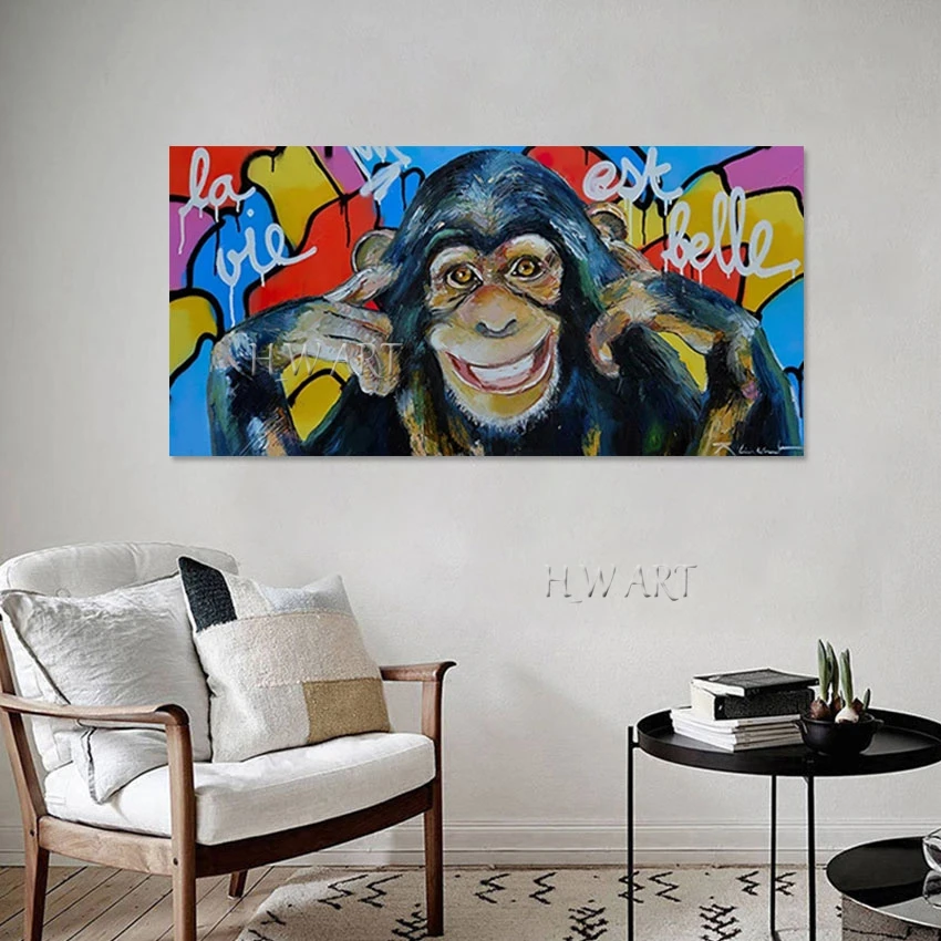 Modern 3D Orangutan Hand Drawing, Canvas Abstract Cartoon Picture, Frameless Acrylic Decoration Painting, Animal Smile Art Wall