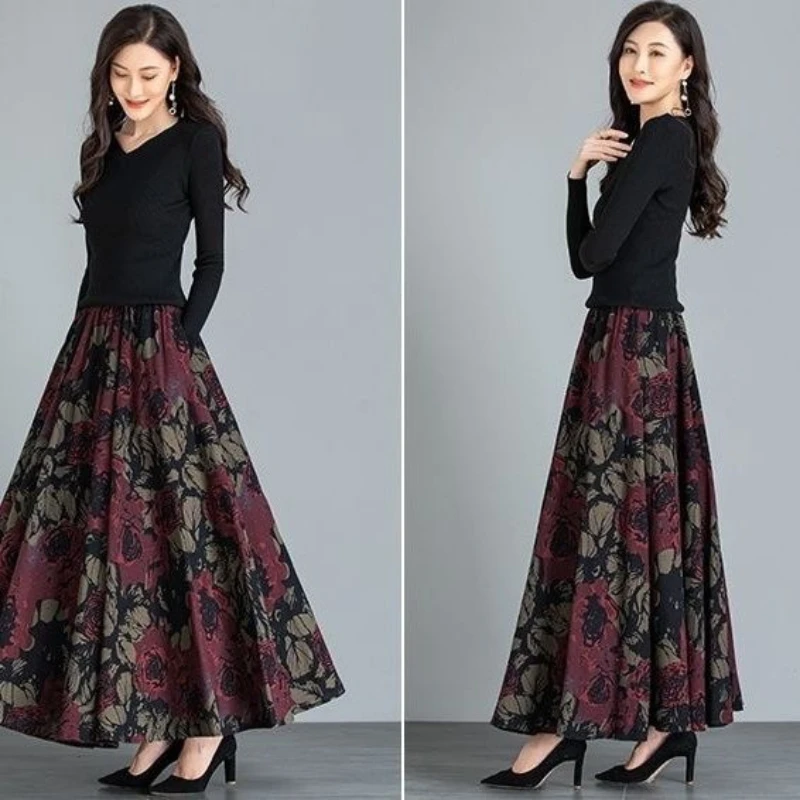 Autumn Women Clothing New Pocket Skirt High Waist Vintage Floral Printing Elastic Waist Chinese Style Luxury Paisley Midi Skirts