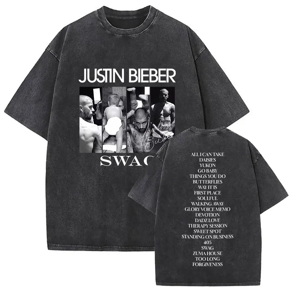 Justin Bieber SWAG Album 2025 Винтажные потертые футболки Мужская уличная футболка в стиле хип-хоп с короткими рукавами Футболки из чистого хлопка Уличная одежда