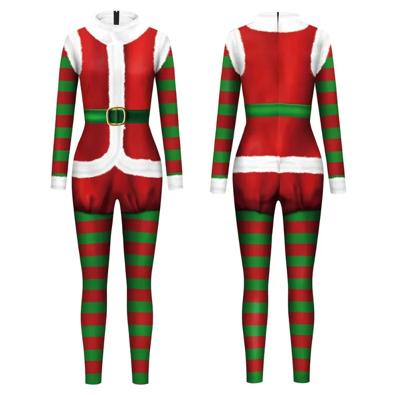 Women Cosplay Xmas Red Jumpsuit Santa Claus Cosplay Costume 3D Printing Party Bodysuit Spandex Elastic Zentai Suit Adult Catsuit