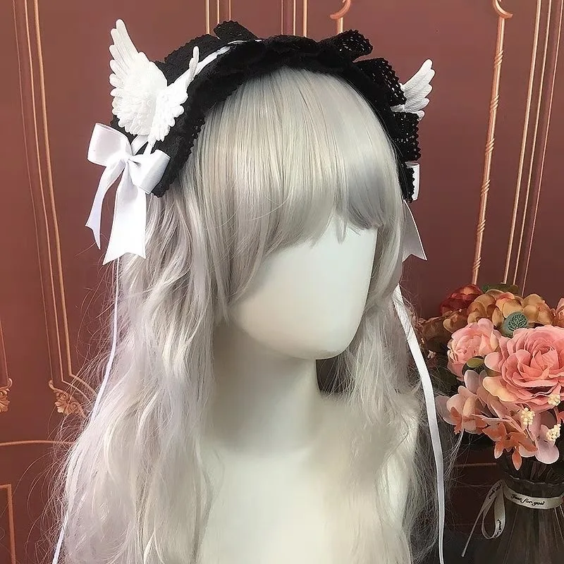 로리타 메이드 머리 장식 고딕 다크 엔젤 윙 레이스 활 머리띠, 스위트 코스프레 헤드 랩, 애니메이션 헤어 액세서리