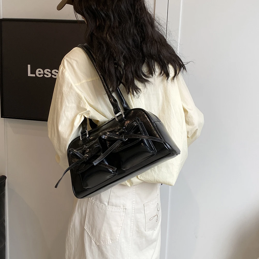 

Women Fashion Shoulder Bag Double Pockets PU Leather Casual Armpit Bag with Bow Small Tote Bag Solid Color for Travel Vacation