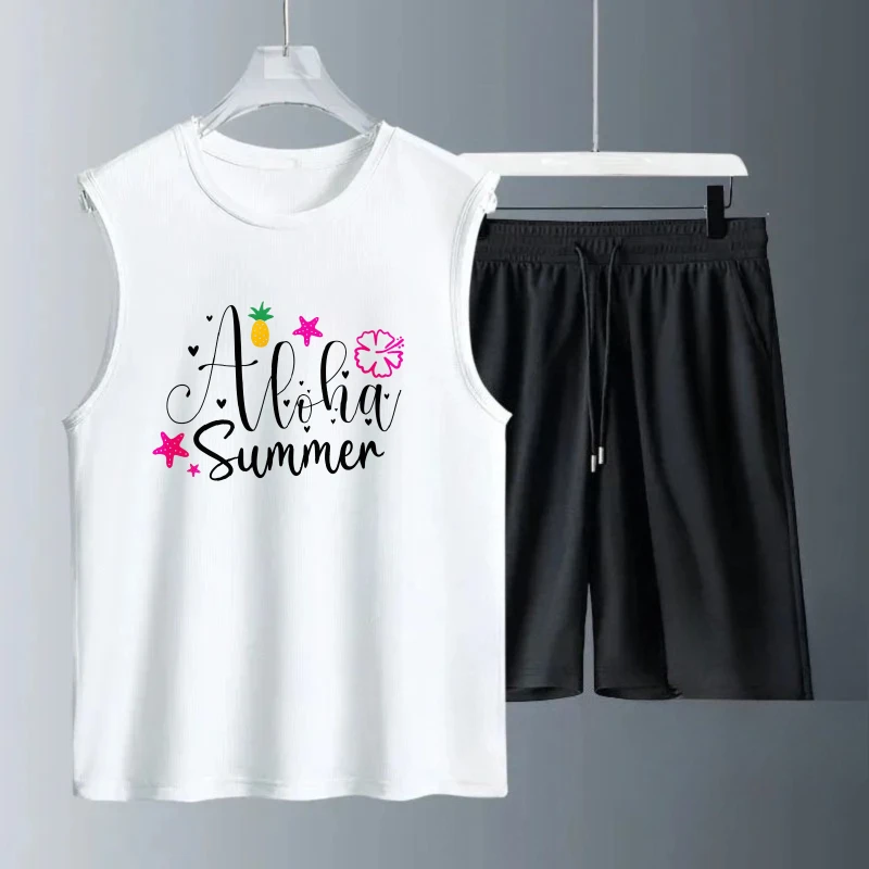 

Мужской жилет, летний костюм без рукавов с принтом Aloha, летние майки + шорты, мужской спортивный костюм, спортивные костюмы для мужчин, быстросохнущие