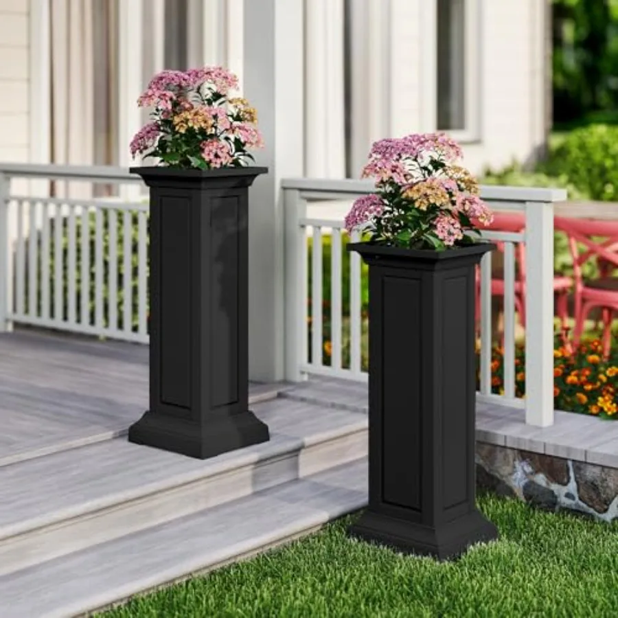 36in Tall Resin Planter Set of 2 for Porch Garden Balcony, Black Weather-Resistant Heavy-Duty Top, Classic Estate Design