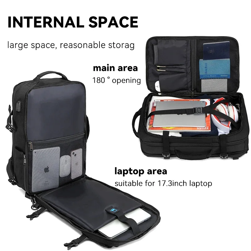 40L Mens Mochila Grande Capacidade Expansível Male Business Travel Bags USB Carregamento Impermeável 17.3 Polegada Laptop Mochilas