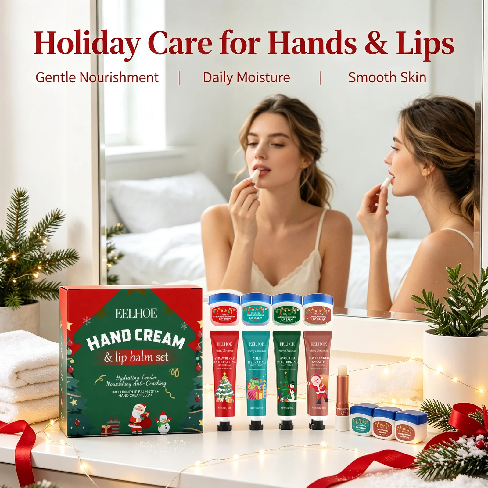 Christmas Fragrance Hand Cream Anti Cracking Refreshing Long Lasting Hydration Lip Balm Hand Cream Care Set Christmas Gift Box