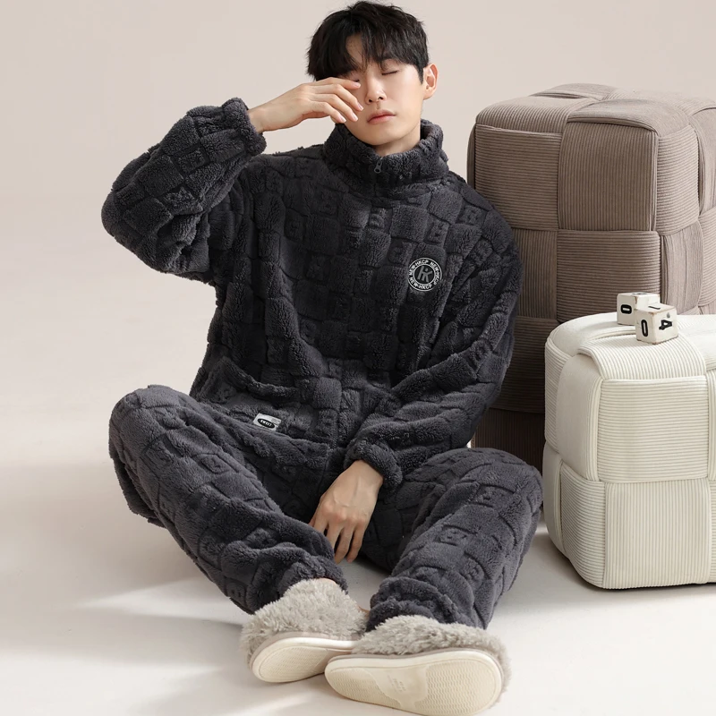 Autumn and Winter Warm Cute Cartoon Men's Pajamas Set Coral Fleece Flannel Men's Thick Zipper Long Sleeve Home Outerwear Suits