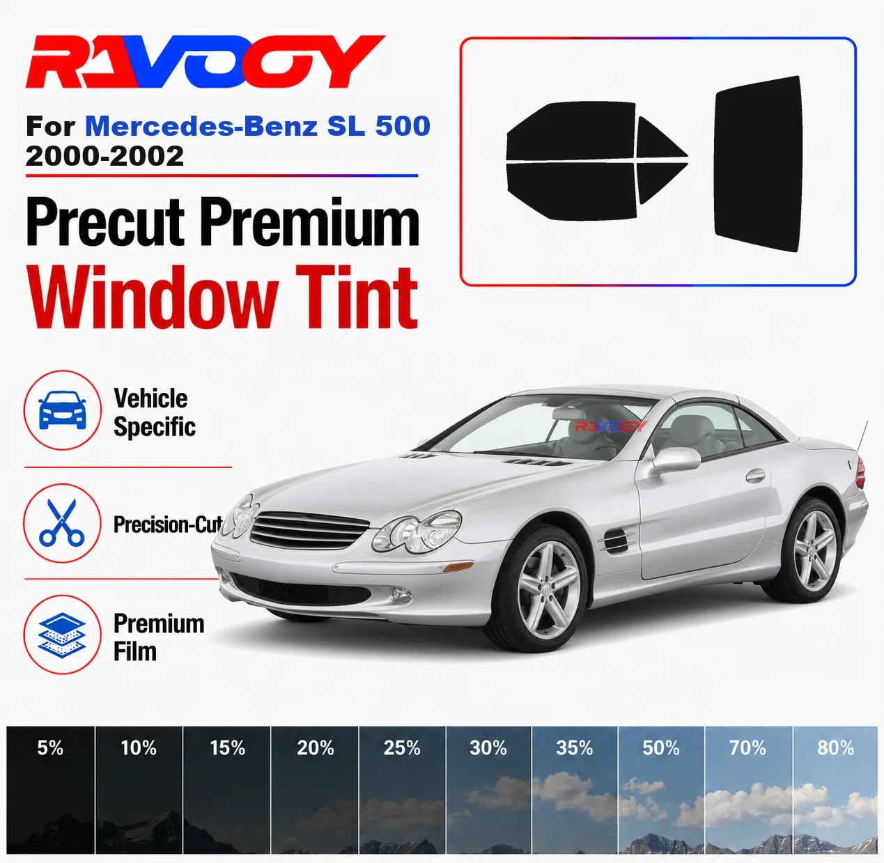 Premium Precut Window Tint Kit Front Rear Windows Rear Windshield For Mercedes-Benz SL 500 2000-2002 Car Solar Nano Ceramic Film