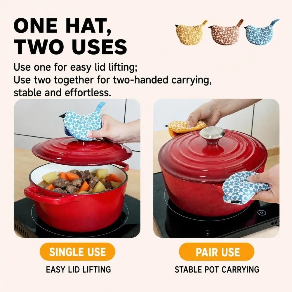 Japanese Style Bird Pot Handle Cover Heat Resistant Anti-Scald Pot Ear Grips Embroidered Handle Potholder for Casserole Teapot