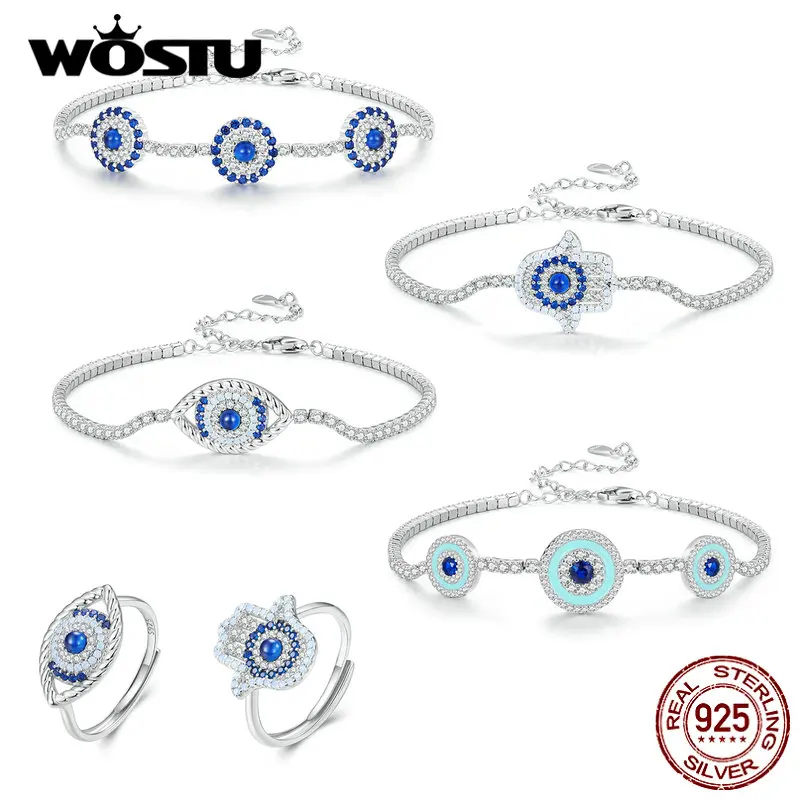 WOSTU 925 Sterling Silver Devil's Eye Tennis Bracelet Guard Element Tennis Bracelet Adjustable Length For Women Fashion Jewelry