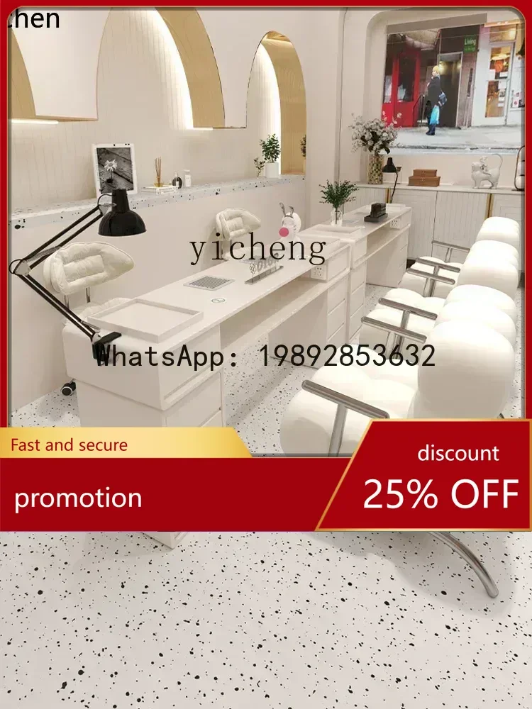 YFY  Cream Style Nail Table and Chair Suit Embedded New Vacuum Cleaner with Socket Wireless Charger