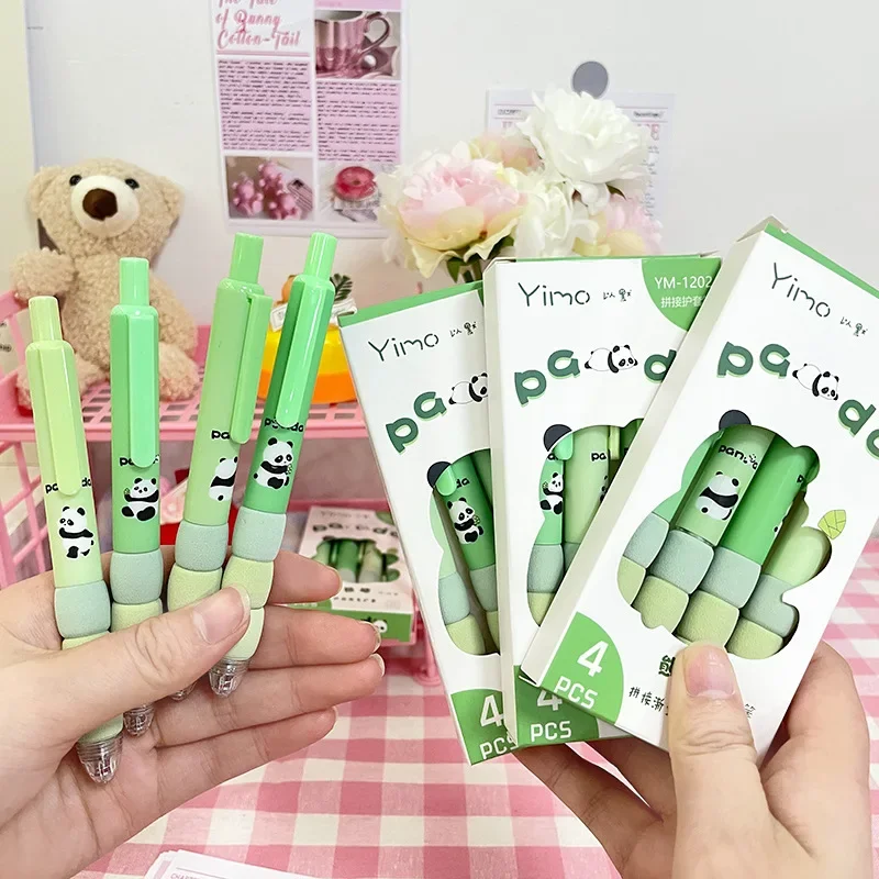 4pcs/set Cartoon Gradation Panda Retractable Pen Good-looking The 0.5 Mm St Head Soft Grip Quick-dry Do Homework Black Gel Pen