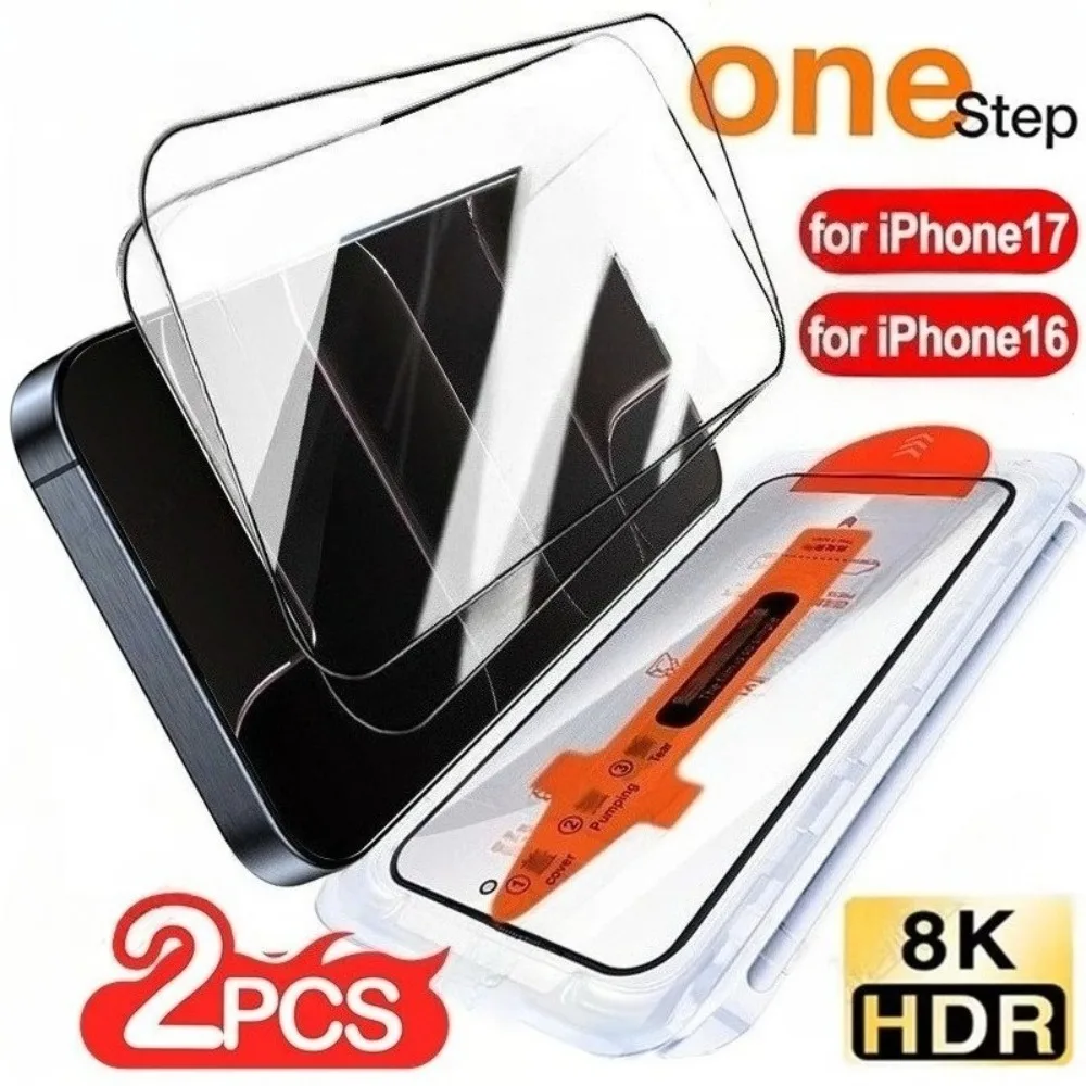 

2 шт. Защитная пленка для экрана с полным покрытием для iPhone 17 16 15 14 13 Pro Max Air 12 11 Pro 16e 15 Plus XR XS Стеклянная установка одним щелчком мыши