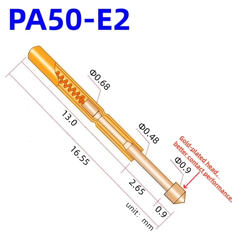 100PCS PA50-E2 Spring Test Probe PA50-E Test Pin Test Tool 16.55mm Dia0.68mm Gold Needle Tip Dia 0.9mm Pogo Pin P50-E P50-E2