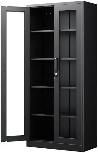 Display Cabinet with Glass Doors, 71 Inches Metal Display Case with 4 Adjustable Shelves, Curio Storage Cabinet with