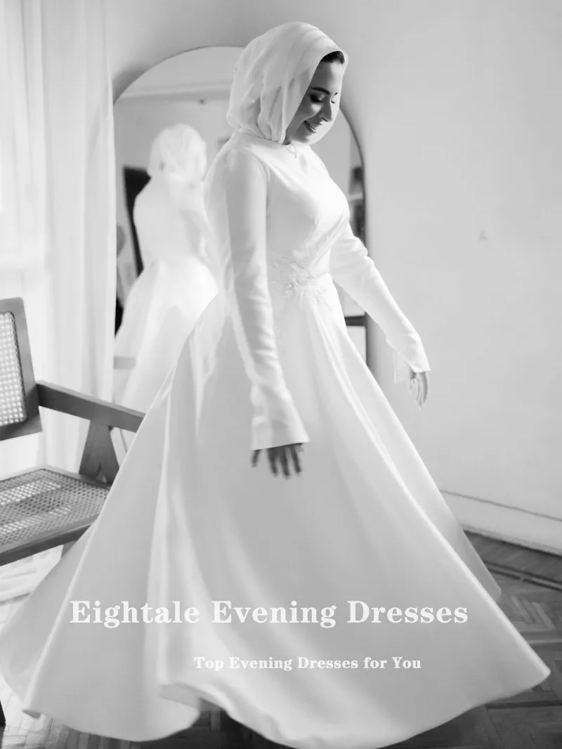 Vestido de novia árabe de Eightale, vestido de novia personalizado de color marfil con cuello redondo y apliques, vestido de novia musulmán hasta el té, vestido de fiesta de novia