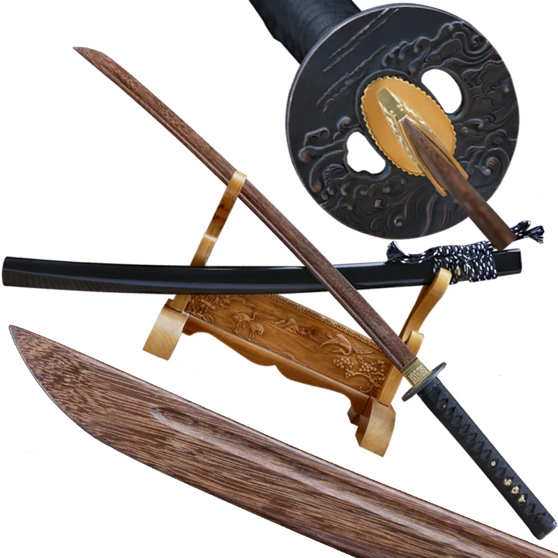 Wooden Blade Katana,Laito Japanese Swords,Hardwood Sheath,Nice Alloy Tsuba Fitting,Cotton Sageo,Fake Rayskin,Non Sharp