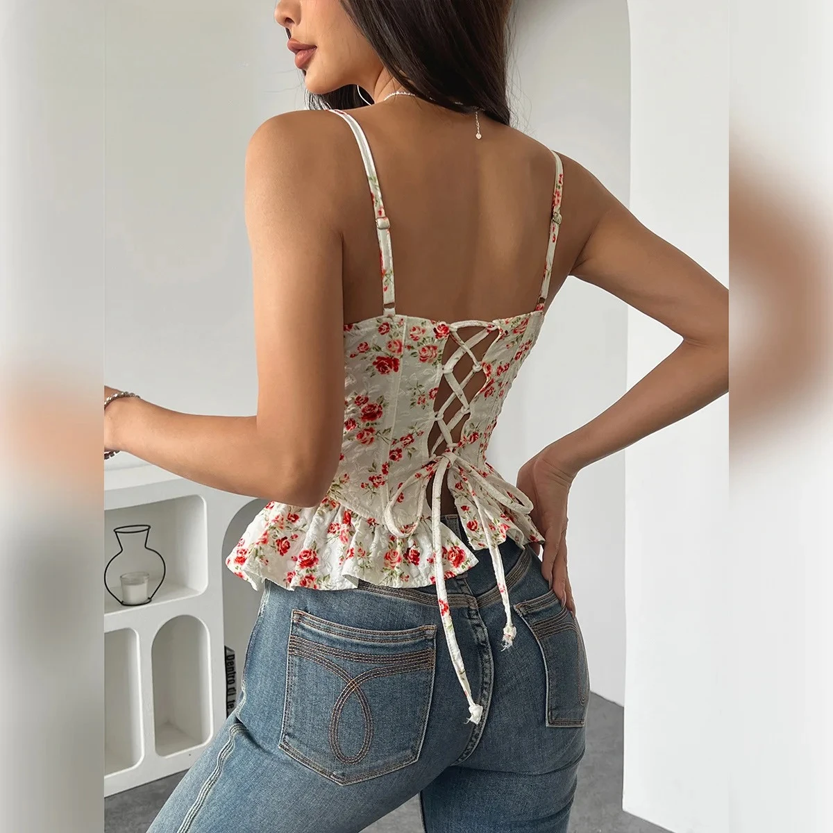 Sexy Floral Print Backless Tie-Up Bandeau Top Asymmetric Ruffles Slimming Spaghetti Strap Spring Summer Women's Y2K Fashion Tops