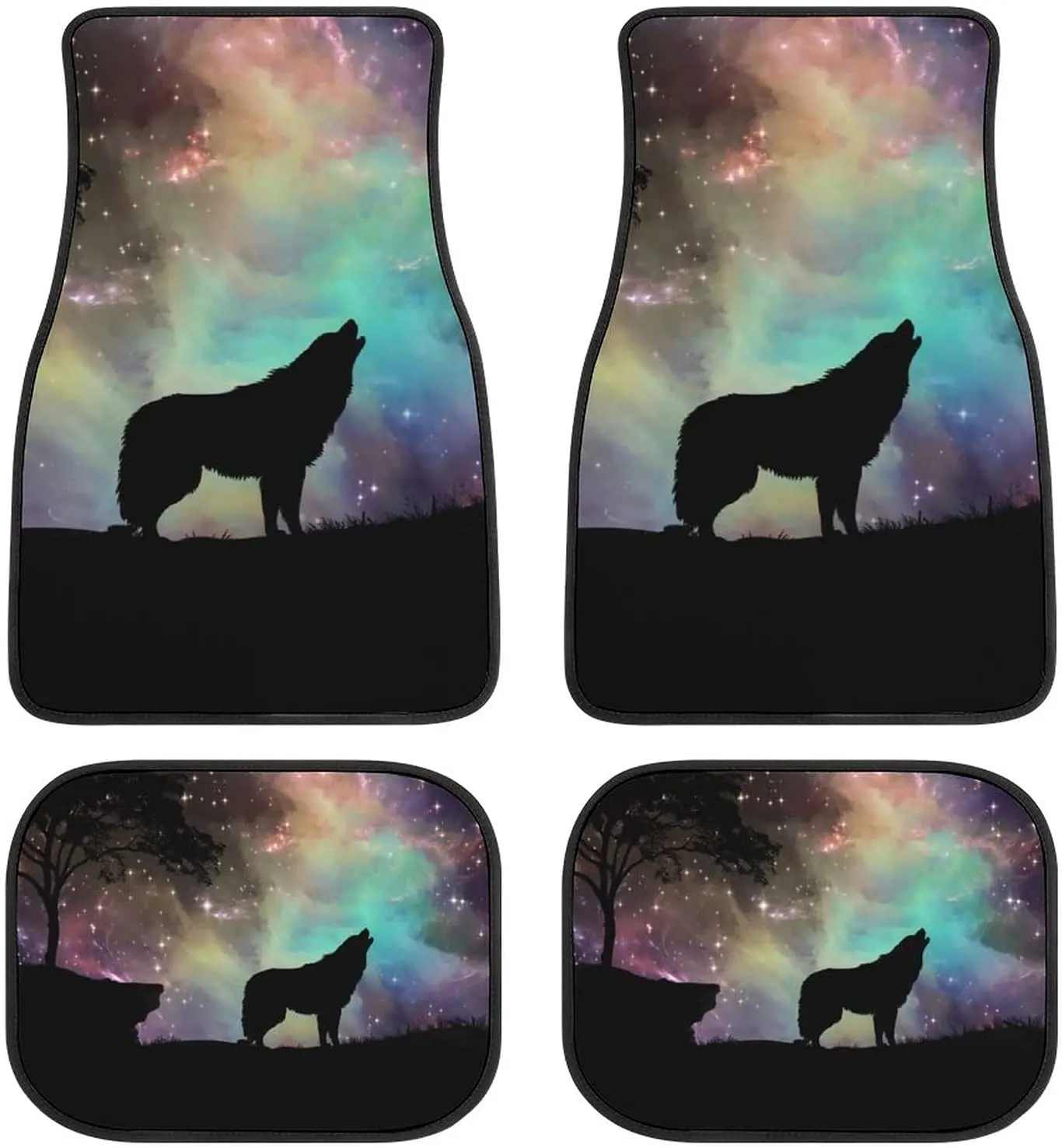 Bagea-Ka Space Starry Galaxy Wolf Animal Pattern Car Floor Mats 4-Piece Front & Rear Protection Set Carpet Universal All Weather