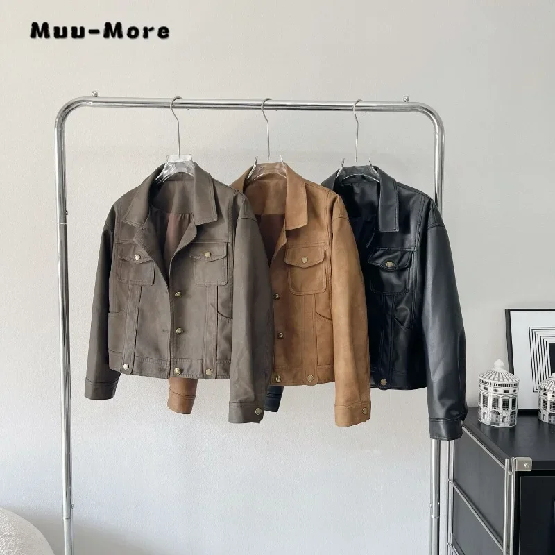 Women Retro Moto Bike Long Sleeve Single Breasted Fur Top 2023 Winter Outerwear Jacket Turn Down Collar Solid Color Faux Coat