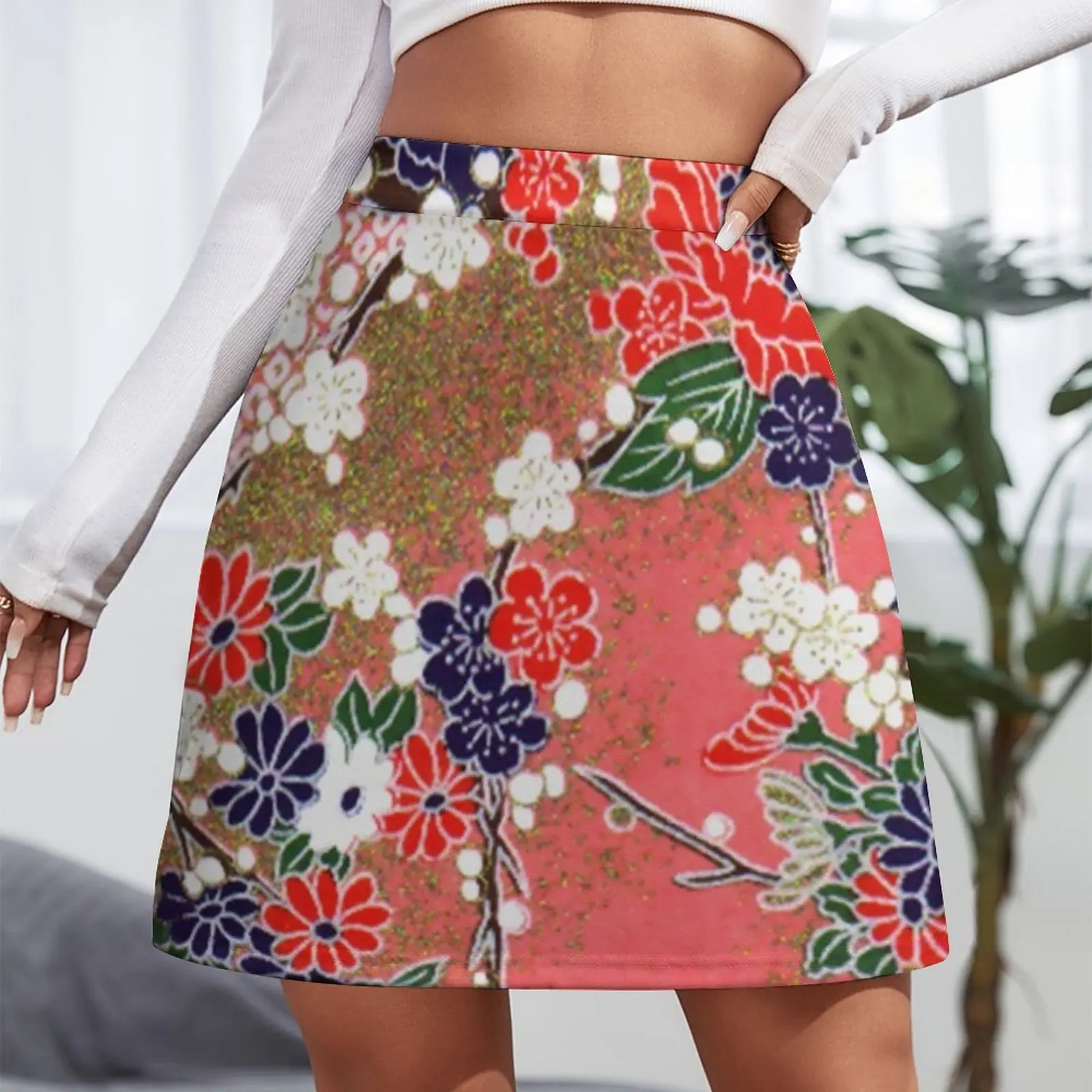 RED BLUE WHITE SPRING FLOWERS ,IN PINK AND GOLD Antique Japanese Floral Mini Skirt Skirt satin skirts women summer 2023