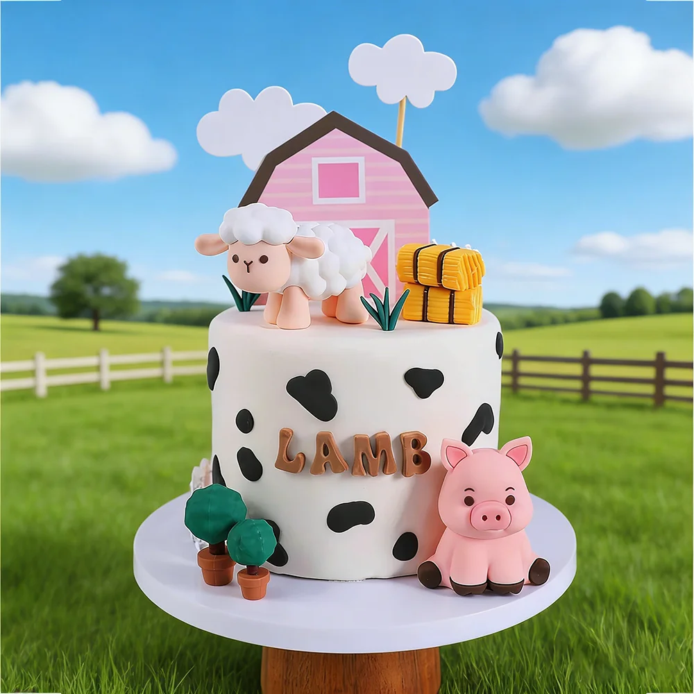 Bauernhoftiere Tortendekoration Lamm Pony Ferkel Küken Heuhaufen Rustikale Kuchendeko für Kinder Happy Birthday Party Zubehör