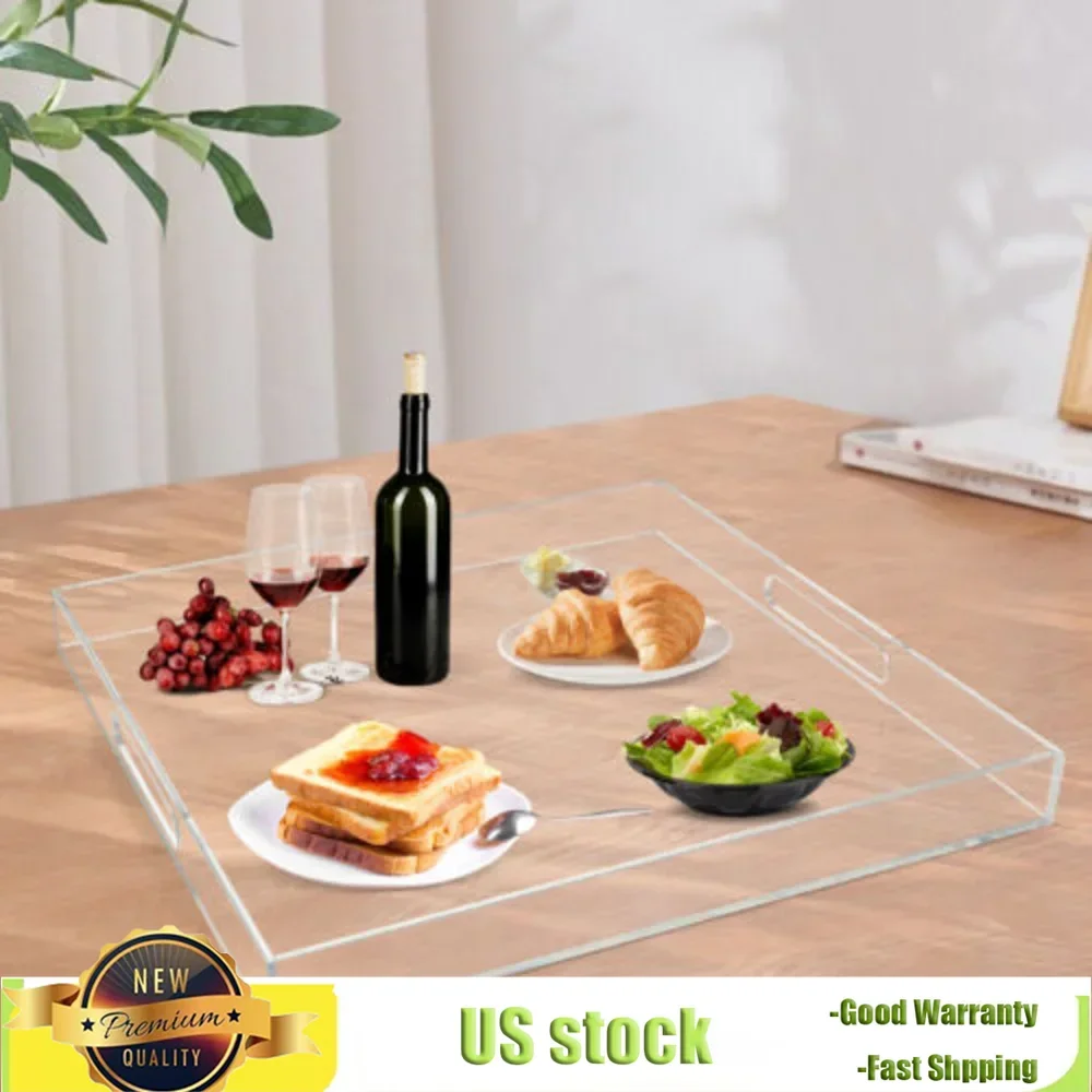 Bymaocar Transparent Acrylic Square Waterproof Serving Tray Small Floor Area W/ Handles for Food, Appetizers, Coffee, Beverages