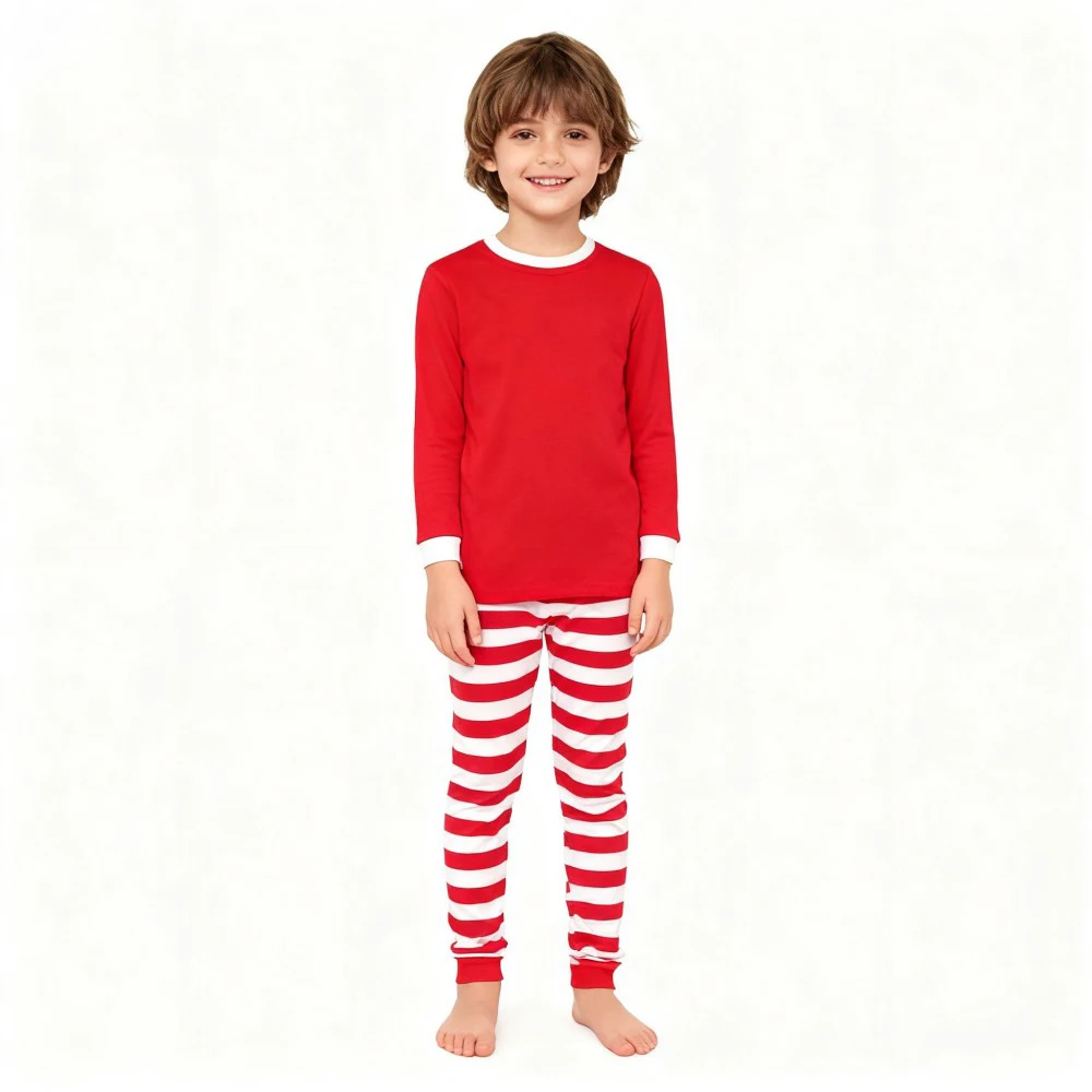 Boys Girls Christmas Pajama Sets Red Top with Striped Pants Long Sleeve Pijama Children Sleepwear kids Pjs for Xmas Festive view 3