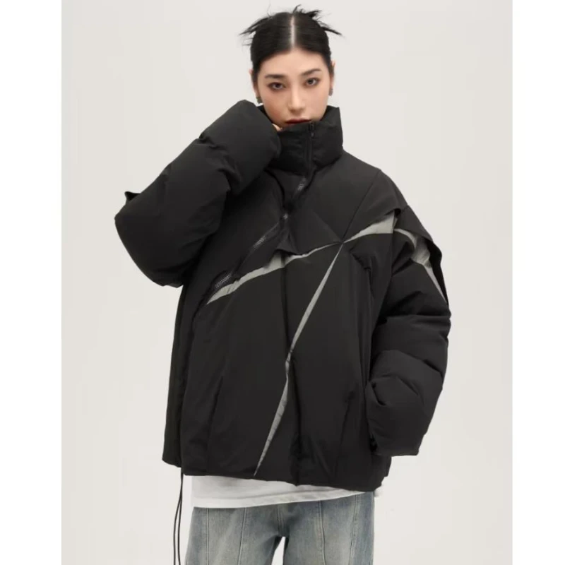 American Hip-hop Cotton Jacket Men Irregular Structure Color Block Zipper Thickened Winter Parkas Loose Casual Pleated Male Coat