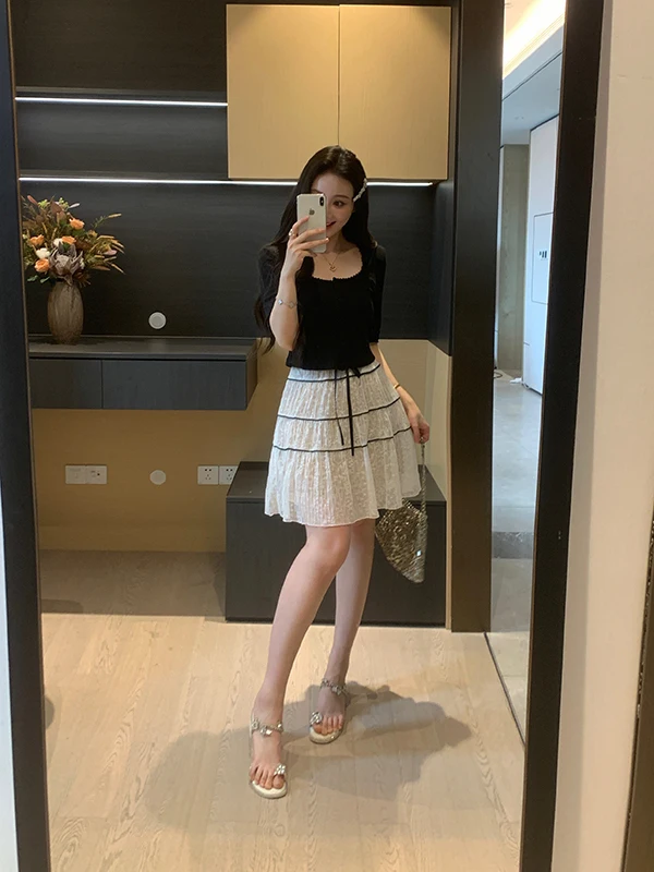 

XINYI Summer Floral Embroidery Lace Texture Women's Jacket Skirt Set Short Sleeve Shirt Style Fashionable Two-Piece Suit