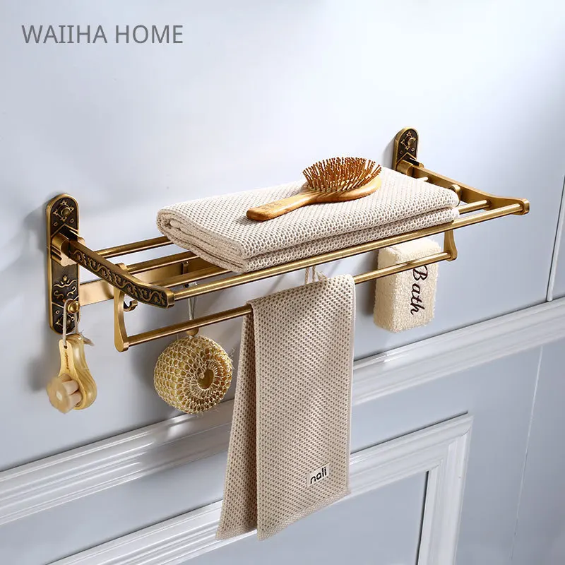 

Aluminum Antique Brass Bath Towel Foldable Rack Bathroom Towel Holder Double Towel Shelf With Hooks Bathroom Accessories