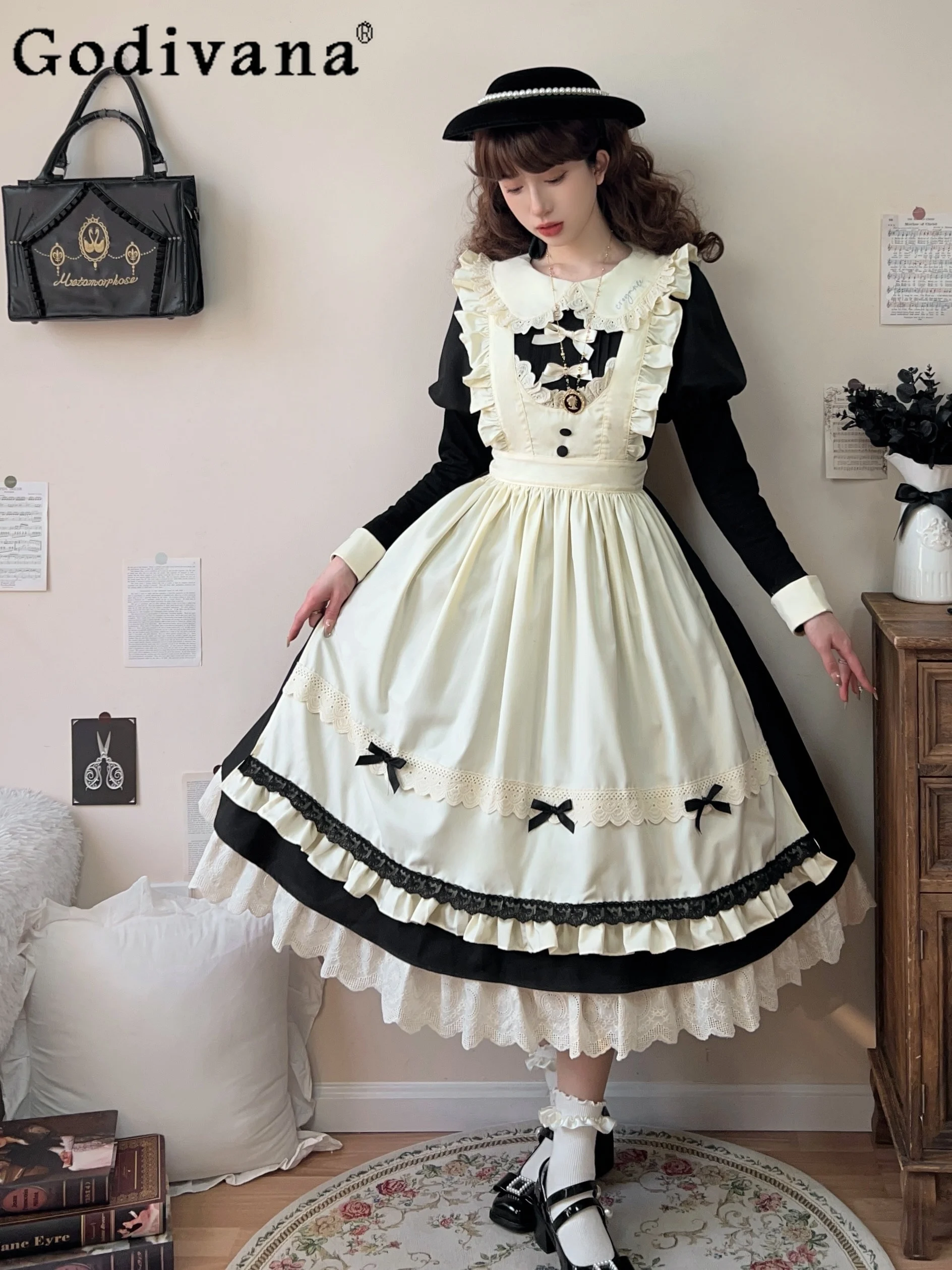 Lolita Long Dress Maid Costume Women's High Waist Slim Fit Bow Ruffle Edge Long Sleeve Dress and Apron Set Two-piece Set Autumn