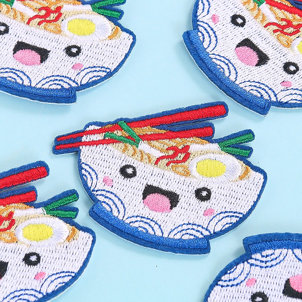 2PCS Cute Cartoon Bowl Noodles Embroidery Patch DIY Apparel Sewing Supplies Iron on Patches for Clothes Children\'s Coat Stickers